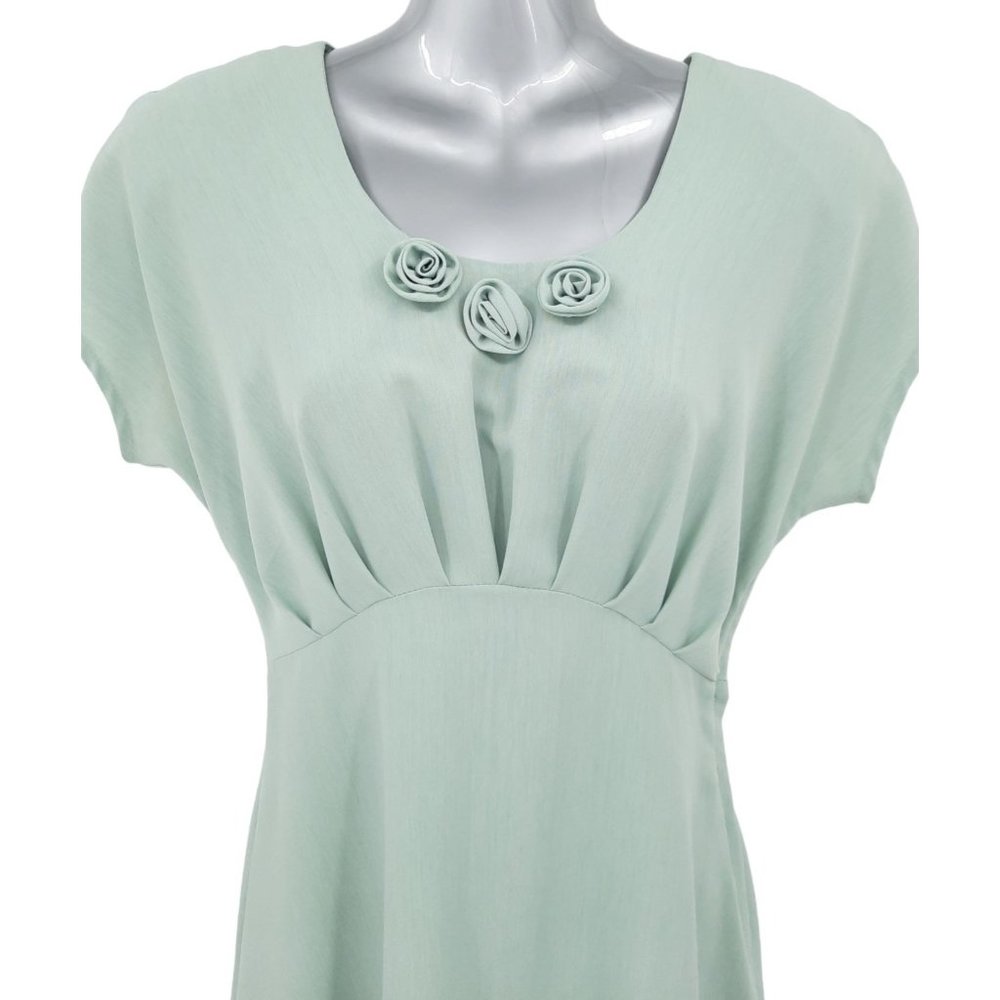 VTG 90s CDC Sage Green Short Sleeve Empire Waist Midi Dress Size 4 Pleated Roses - Picture 3 of 8